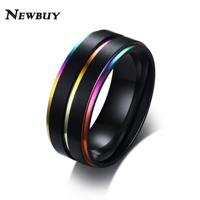 NEWBUY Cool Thin Rainbow Line Wedding Rings for Men 8MM Black Stainless Steel Boy Anel Masculino Matte Finished Accessories