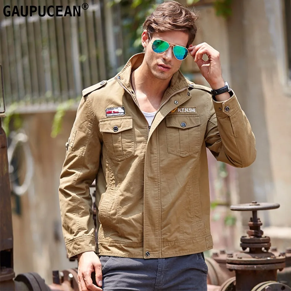 

Men Jacket 98% Cotton 2% Polyester Zipper Pockets Fashion Military Amy Green Khaki Spring Autumn Male Quality Man Outwear