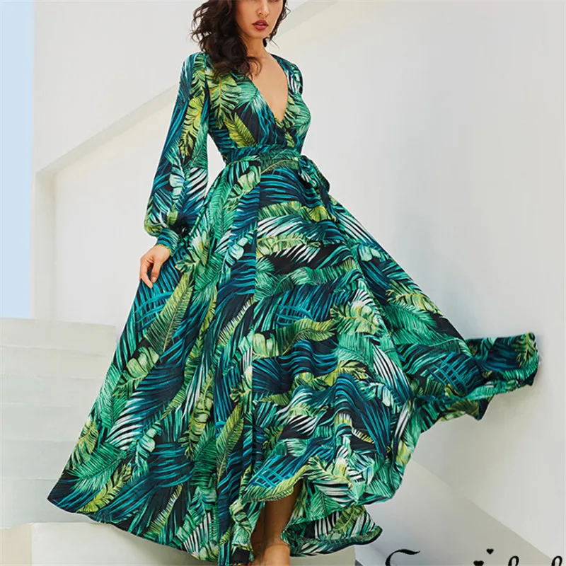 

Long Sleeve Sexy Dress Green Tropical Beach Vintage Maxi Dresses Boho Casual V Neck Belt Lace Up Tunic Draped Plus Size Dress