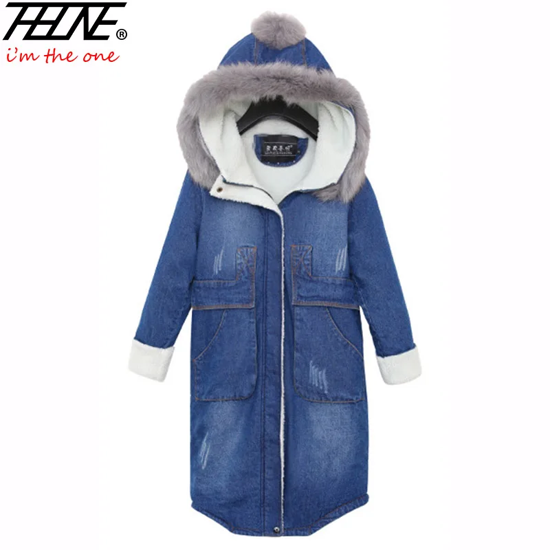 

2016 Parka Women Denim Jacket Long Fur Hooded Fleece Velvet Fashion Design Warm Thick Pocket Jeans Coat Winter Jackets Female