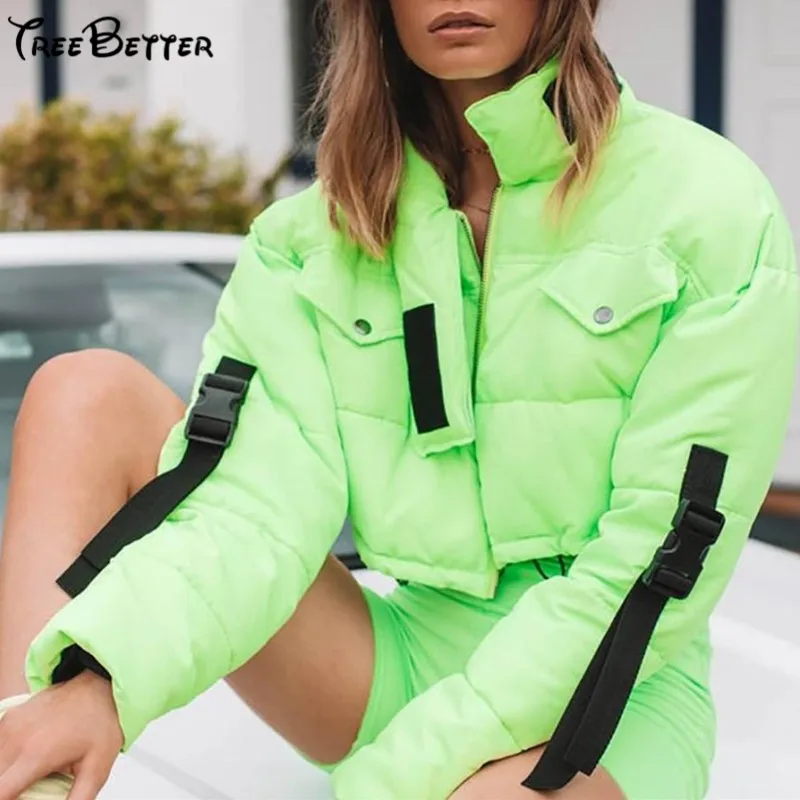 

Neon Green Bag Buckle Pocket Zipper Winter Warm Women Short Jacket top Parka spring ladies