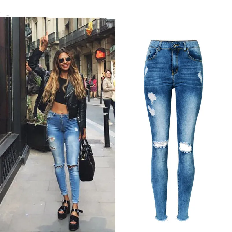 Jeans High Waist Ripped Hole Women Boyfriend Jeans Navy Blue Cotton Skinny Denim Push Up Bleached Fashion Female Jeans Femme (10)