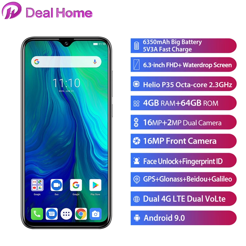 Ulefone power 6 6," 19,5: 9 FHD Смартфон Android 9,0 Helio P35 Восьмиядерный 4 Гб 64 Гб 6350 мАч NFC 4G мобильный телефон