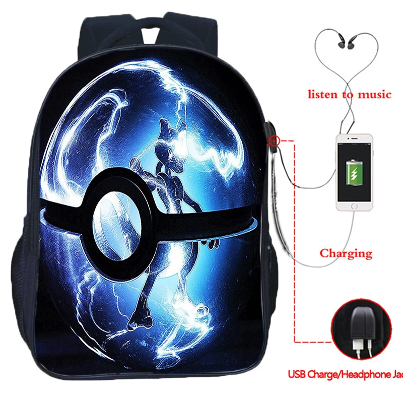 

High Quality Pokemon Mewtwo USB Charge Backpack Kawaii Pikachu Students Boys Girls School Bags Fashion Teens Men Laptop Mochila