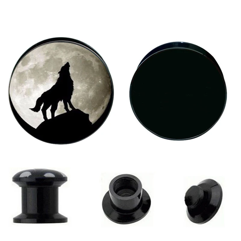 

2pcs 6mm-25mm black acrylic UV Wolf moon logo ear plug tunnels body jewelry piercing
