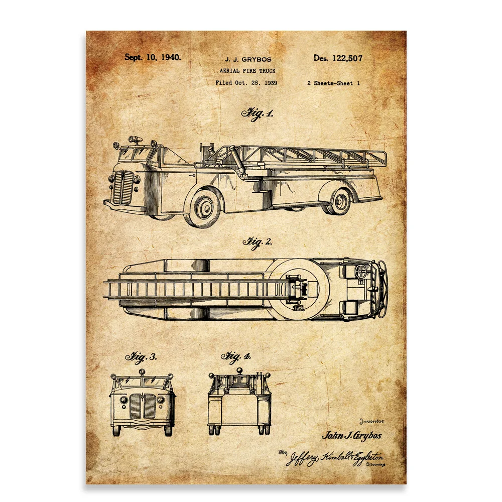 Винтажные запатентованные плакаты Художественная печать 6 в 1 пожарный аппарат гидрант шляпа пожарный постер пожарный ремень грузового автомобиля и Огнетушитель unframe