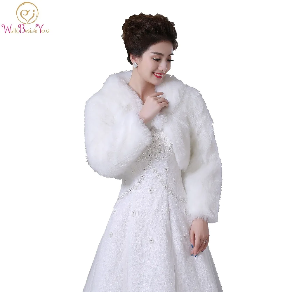 

Walk Beside You Real Photos White Faux Fur Long Sleeves Wedding Jacket Bridal Bolero Party Wrap Customize