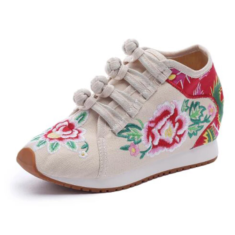 THEAGRANT/; женская парусиновая обувь в китайском стиле; повседневная обувь с вышитыми цветами; сезон весна-осень; кроссовки на танкетке; специальная обувь на шнуровке; WSN3001 - Цвет: Бежевый