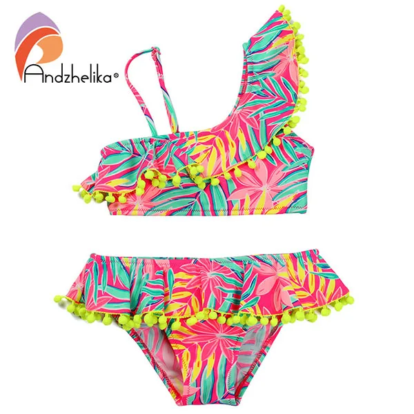 Pink Andzelika bikini бикини для девочки. Раздельный яркий купальник с топом на одно плече с рюшами и плавки с юбкой - Цвет: Pink