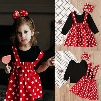 

Baby Girl Autumn Clothes Long Sleeve Cotton Tee Tops 3Pcs Kids Girls Polka Dot Print Suspender Skirt Bowknot Hairband Set 12M-4T