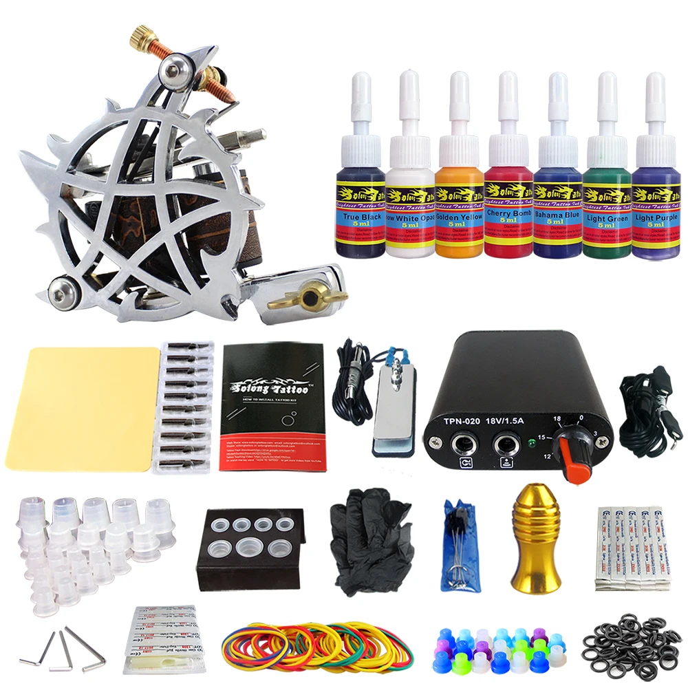 

Solong Tattoo Complete Beginner Tattoo Kit 1 machine Gun 7 Color Inks Power Supply Grips Foot Petal Needles Set TK105-25