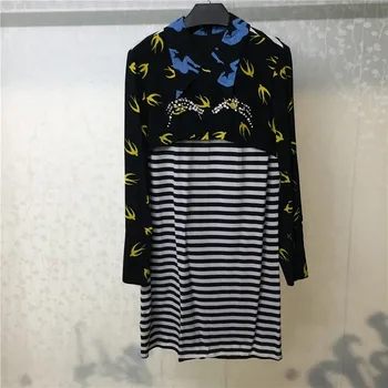 

Women Dresses Autumn Spring Long Sleeve Mini Dress Turn-down Collar Stripe Printed Dress Casual