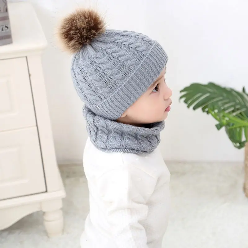 Детская зимняя утолщенная плетеная вязаная шапка, шарф, комплект, милый пушистый помпон, шаровая шапка с манжетой, кепка, бесконечный хомут