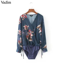 Women sexy deep V neck floral print bodysuit shirt cross bow tie long sleeve elastic waist blouse playsuit casual tops LT1800