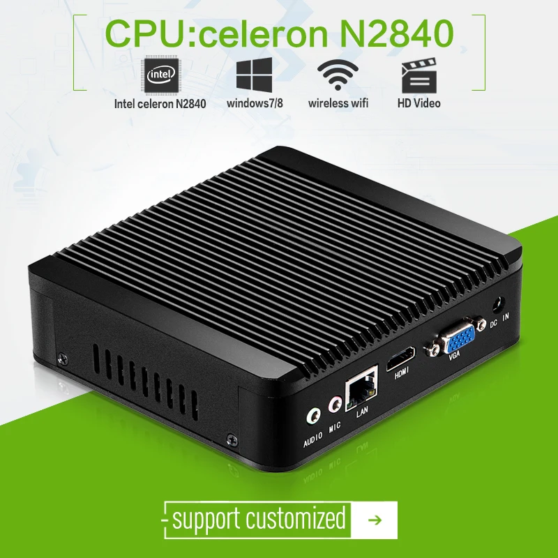 Ultra-mini desktop pc for x30 N2840 2.16ghz 4g ram fanless no noise micro shell HDMI+VGA support movie and office pc