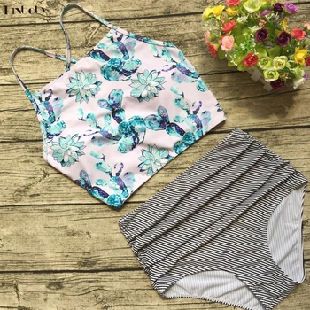 

Retro High Waisted Bikinis Summer Beach Swim Suits Printed Top+Striped Bottom Bikinis Women Swimming Suit Biquinis 2 Pieces