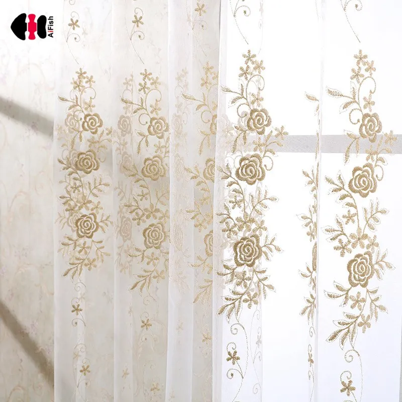 

Golden Embroidered Floral Voile Curtains Pastoral Rural Living Room Study Room Elegant Nordic Window Drape JS13C