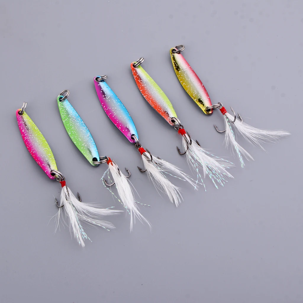 5pcs Spoons Hard Fishing Lures Treble Hook Salmon Bass Metal Fishing Baits Mixed Color 5g/8g/14g/17g