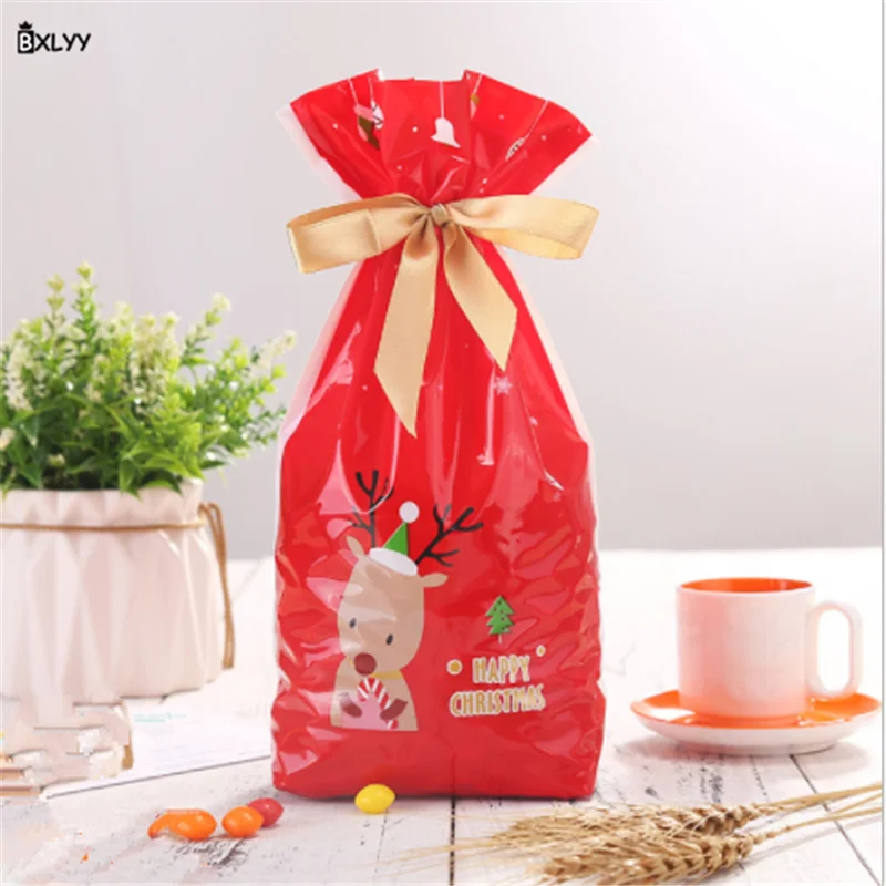 BXLYY Hot 10pc Plastic Red Drawstring Bag Elk Candy Bag Birthday Party Wedding Decoration Christmas Decoration Packaging Bag.8z photo