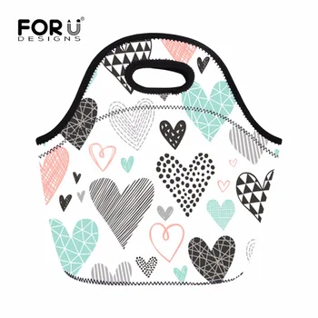

FORUDESIGNS Hearts Geometrical Pattern Lunch Bags 2 Persons Food Thermal Insulated Waterproof Neoprene Picnic Tableware Cooler