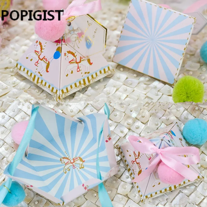 Розовый/Синий Треугольная пирамида лошадь Baby Shower Candy Box Bomboniera крещение день