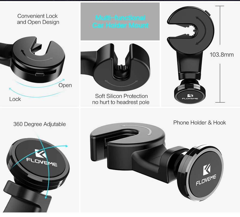FLOVEME Strong Magnetic Car Headrest Hook Phone Tablet PC Holder Back Seat Bag Hanging 360 Rotating Car Phone Holder Stand (9)