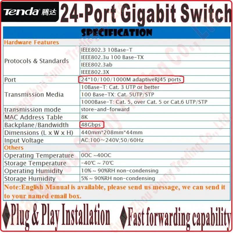 По стандартам ЕС/Австралии/США/Великобритании Разъем сетевые коммутаторы plug& Play Gigabit Скорость Tenda 100/1000 Мбит/с 24-Порты гигабитный коммутатор 48 г переключатель мощности, без коробки