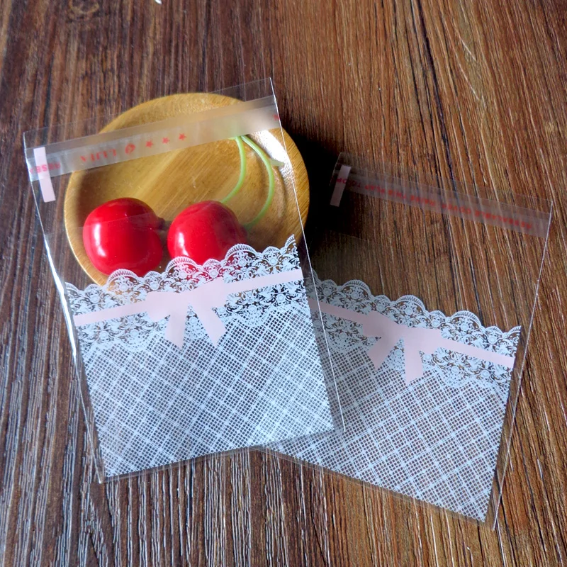 300pcs 7x7+3cm Lace and Bow Transparent Cookies Bags Self-adhesive Cellophane Bag Candy | Дом и сад
