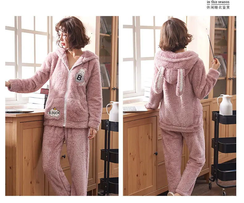 Winter Coral Fleece Couple Cute Cartoon Home Sleepwear Suit Men Warm Hooded Pyjamas Pajama Set Embroidery Rabbit