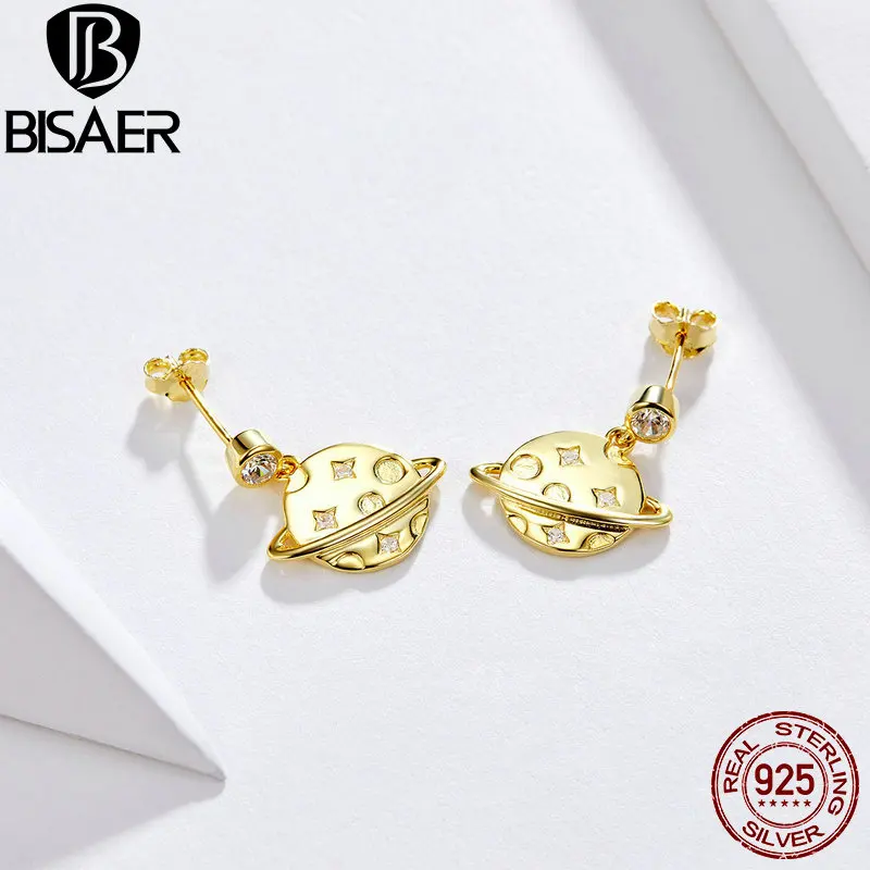 

BISAER Luxury 925 Sterling Silver Universe Planet Shape Stud Earrings for Women Sterling Silver Jewelry Gift EFE091