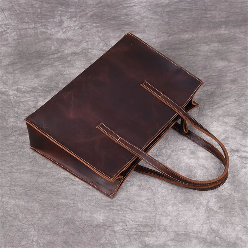  PNDME vintage handmade genuine leather ladies tote bag cowhide simple handbag fashion women's shopp