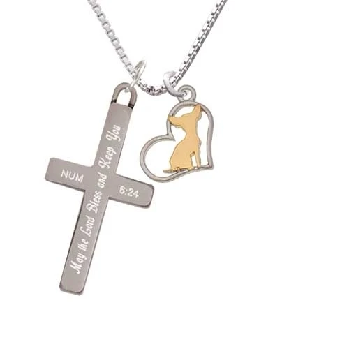 Two Tone Chihuahua Silhouette Heart - Bless and Keep You - Cross Necklace (1)