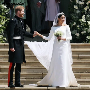 

Princess Wedding Dresses Scoop Long Sleeves Satin Court Train Long Bridal Wedding Gowns With 3 meters robe de soiree