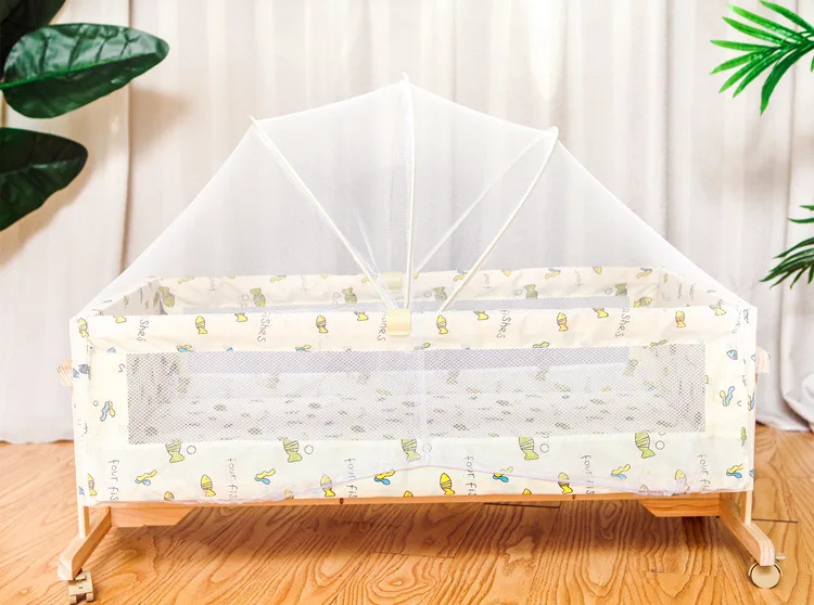 Simple Solid Wood Crib Baby Cradle Portable Infantt Bed Children's Bed Nets with Mosquito Net Roller 0-2month