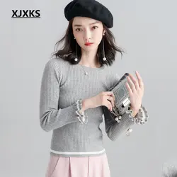 XJXKS 2018 Новый Sueter Mujer эластичные пуловер Solid Цвет круглым вырезом длинный рукав мягкие трикотажные Повседневное Для женщин осенние свитера