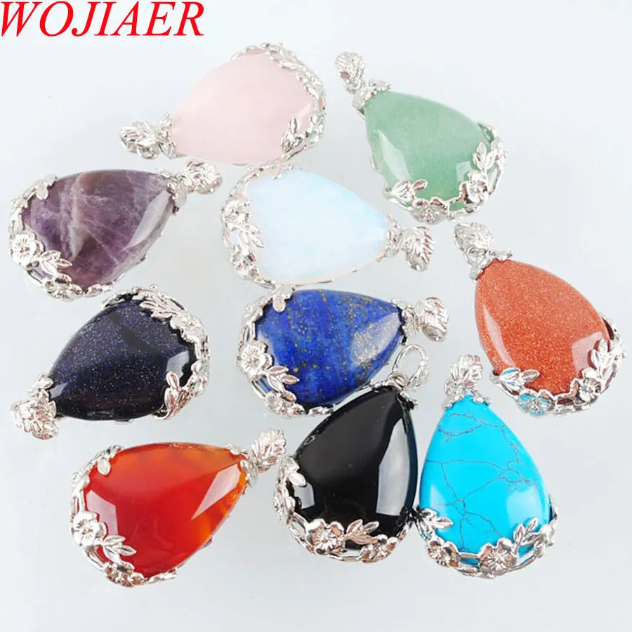 

WOJIAER Natural Tiger's Eye Opalite Gem Teardrop Silver Plated Reiki Chakra Necklaces Pendant Bead 1PCS PBN350