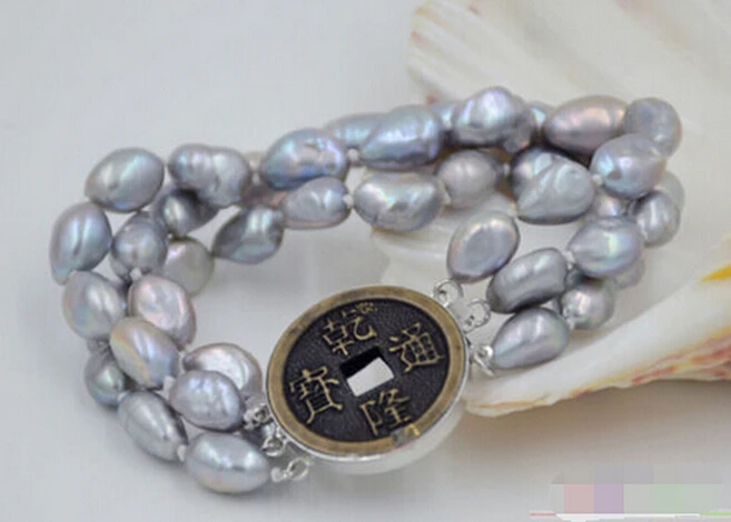 

hot sell3row 8" 10mm gray baroque freshwater cultured pearl bracelet -Bridal jewelry free shipping