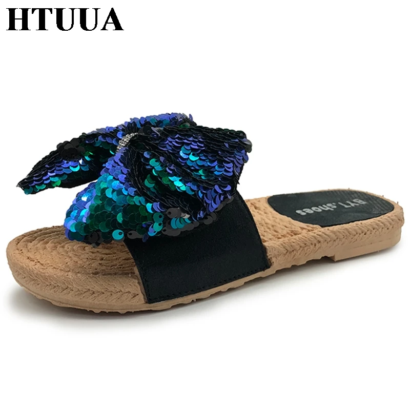 HTUUA 2018 New Women Cool Slippers Sequins Bow Weave Flat Slippers Summer Slides Boho Beach Flip 