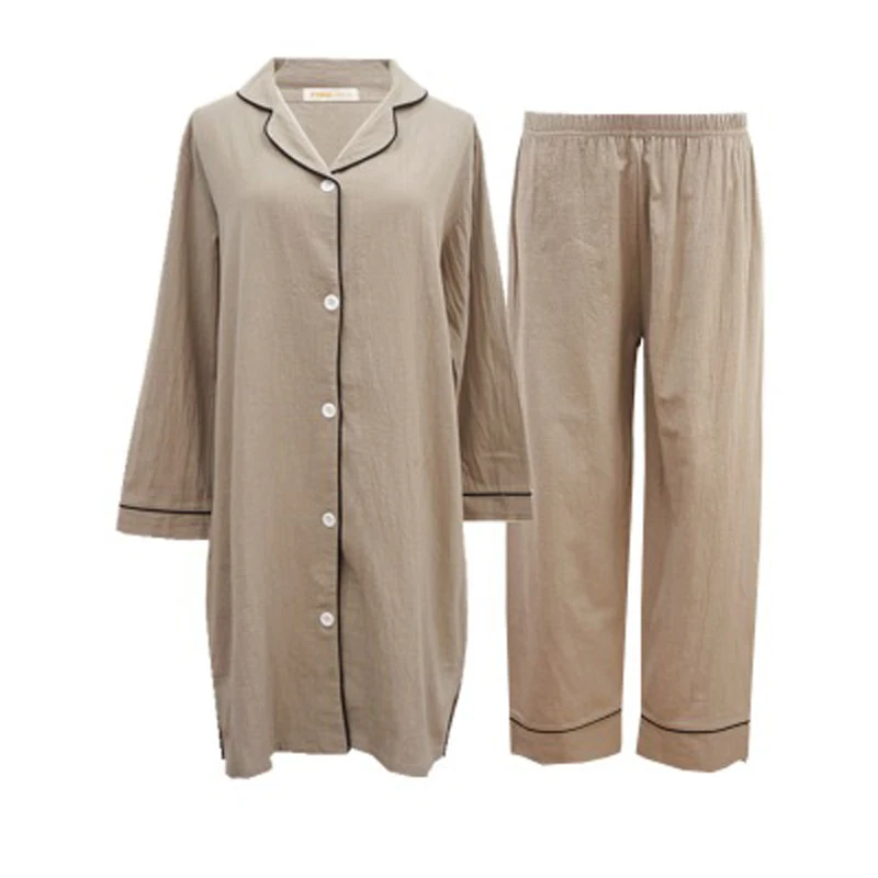 

Cotton and linen spring and summer pajamas set women's cotton simple fashion cotton long-sleeved nine-point long home service
