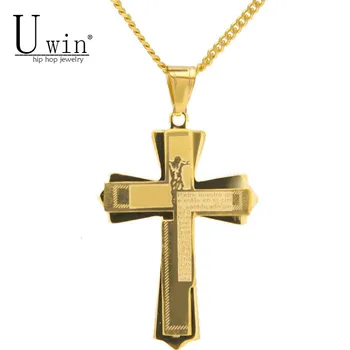 

UWIN Stainless Steel Gold Color Jesus Cross Pendant Bible Scripture Double Cross Pendant Necklaces Chain Fashion Punk Jewelry