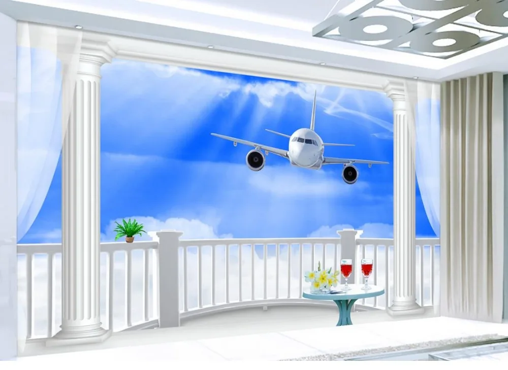 Custom photo wallpaper 3D stereoscopic Windows balcony views of the aircraft 3d mural Home Decoration | Обустройство дома