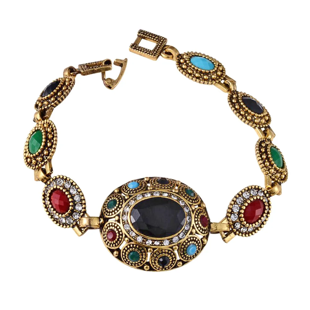 Turkish Jewelry Ethnic Bohemian Bracelets For Women Red Gem Stone Black Resin Tribal Gold-Color Femme Bracelet Jewellery Metal Bracelet