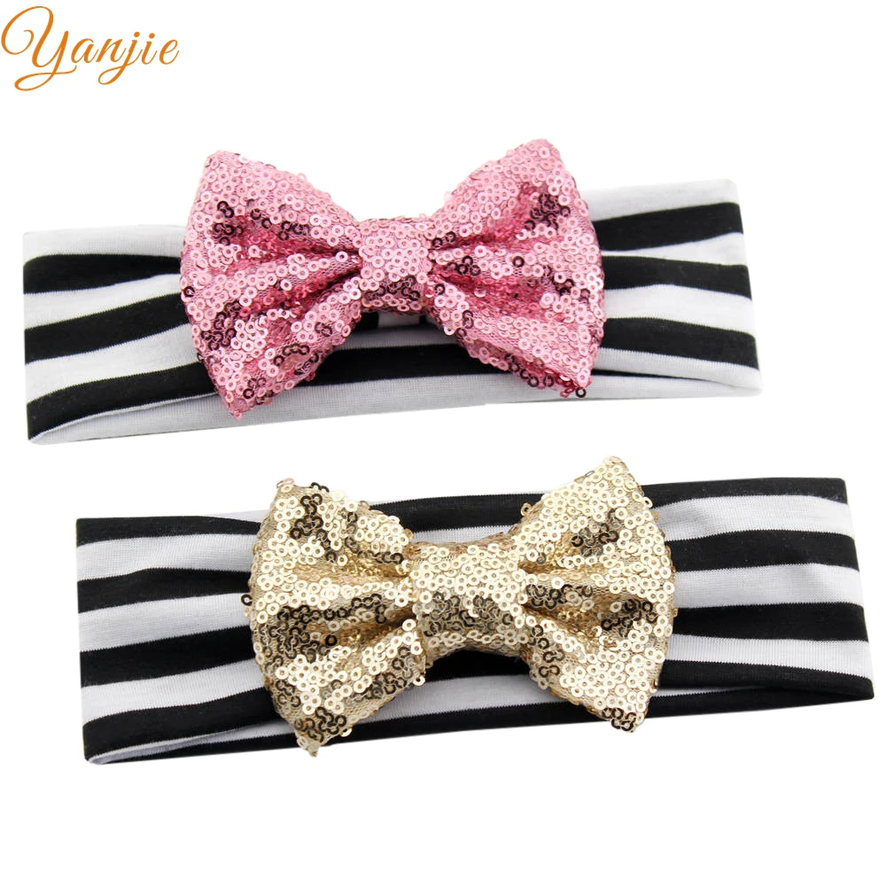 

10pcs/lot 4" Cute Glitter Messy Sequin Bows With Black&White Stripe Elastic Headband For Girls And Kids Hairbow Headband