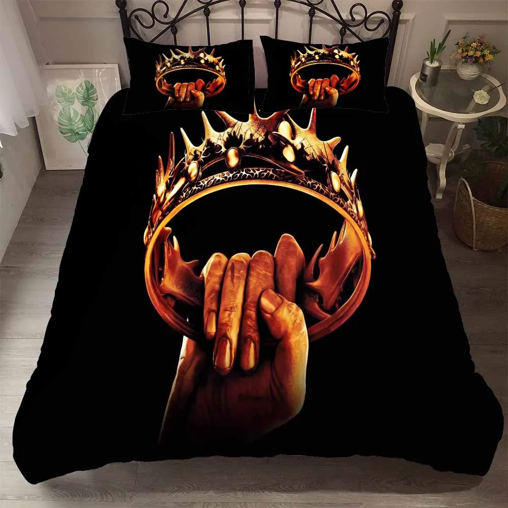 

Game of Thrones Bedding Set 3D Hand Grip Golden Crown Printed Black Microfiber Teens/Adult Duvet Cover Set 3 Pieces+2 Pillowcase
