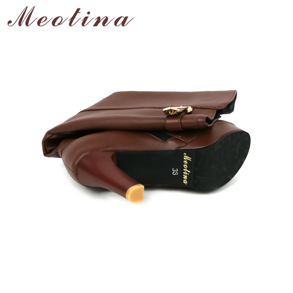 Meotina/женские зимние сапоги; сапоги до колена; сапоги на платформе и высоком каблуке; пикантная Женская Осенняя обувь на молнии с пряжкой; цвет белый; большие размеры 42-43
