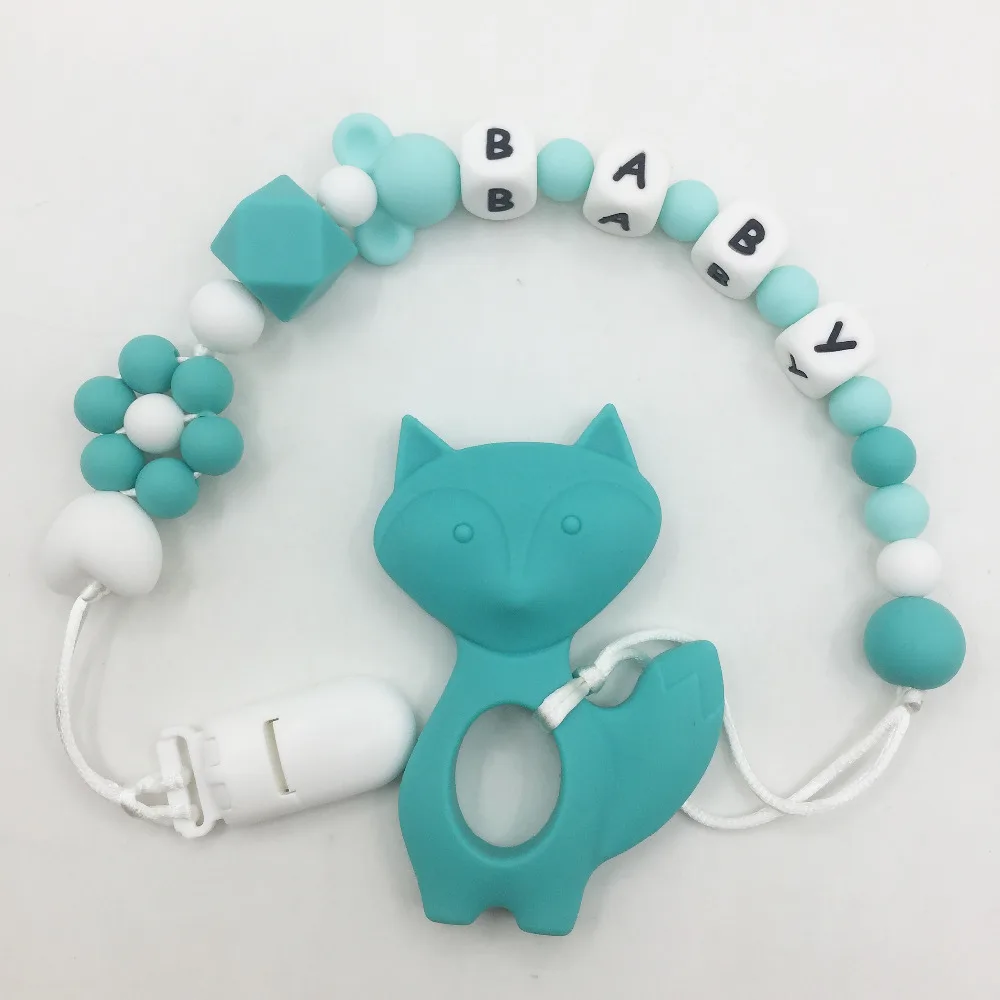 

Personalized Name Silicone Teething Pacifier Clips with fox Silicone teether Pacifier Chain Necklace for baby fox chewed Toys