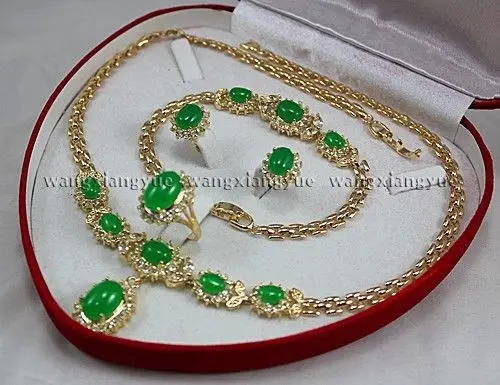 

Natural Green Jade Inlay Link Bracelet earrings Ring Necklace Set ^^^18K GP style Fine jewe Noble Natural jade FREE SHIPPING