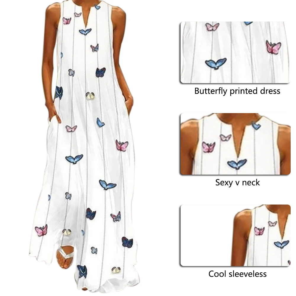 CALOFE Сексуальное Женское винтажное платье с v-образным вырезом и принтом бабочки летнее платье без рукавов с карманами повседневное Свободное длинное платье в стиле бохо