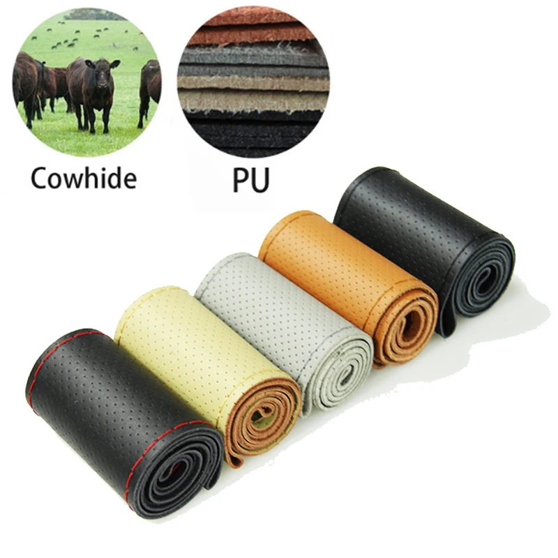 

VOLTOP Manual Handmade Car Steering Wheel Cover Top Layer Leather Steering Cover Cowhide DIY Auto Interior Accessories 38cm
