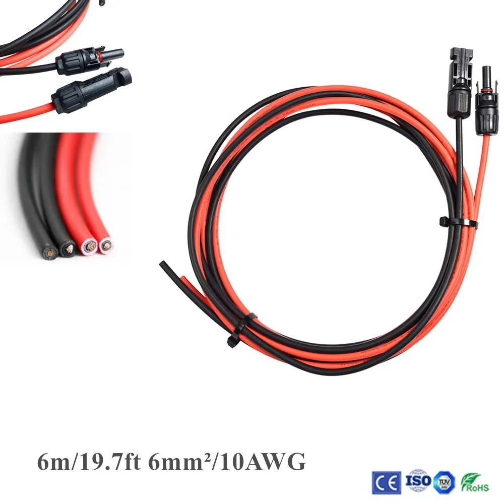 1 пара 6 м/19,7 футов 6мм2/10AWG черный+ красный солнечная панель провод удлинительного кабеля с MC4 гнездовой и мужской разъем